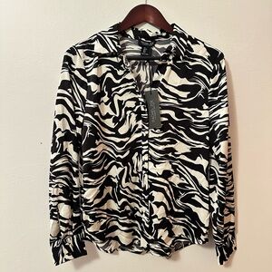 NEW Rachel Zoe Black and White Satin Button Front Blouse Size Small